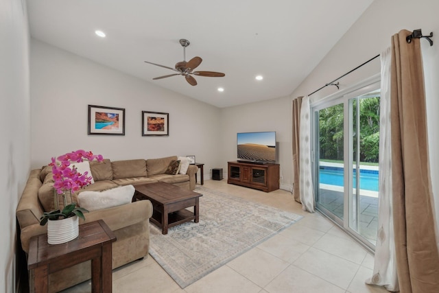 6085 Elmwood Dr, Boca Raton, FL 33433 - living room featuring lofted ceiling, a ceiling fan, recessed lighting, and light tile patterned floors
