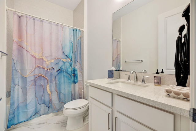 full bathroom featuring marble look tiles, toilet, vanity, and shower / bath combo