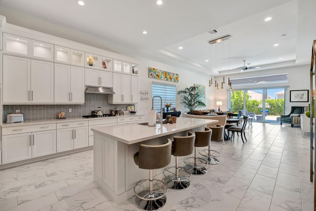kitchen featuring a sink, light marble finish floors, light countertops, recessed lighting, and a tray ceiling