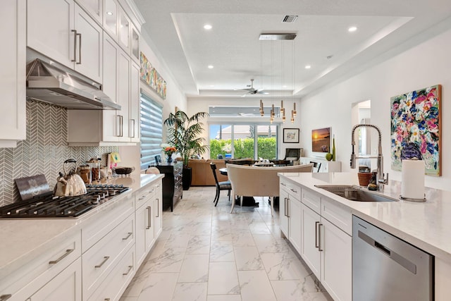 kitchen featuring stainless steel appliances, a sink, under cabinet range hood, a raised ceiling, and open floor plan
