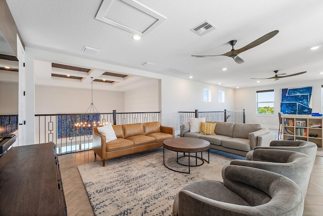20049 SE Bridgewater Dr, Jupiter, FL 33458 - living area featuring recessed lighting, ceiling fan, coffered ceiling, beam ceiling, and a chandelier