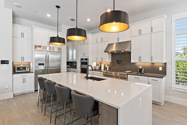 20049 SE Bridgewater Dr, Jupiter, FL 33458 - kitchen featuring under cabinet range hood, a sink, stainless steel appliances, baseboards, and light wood-style flooring