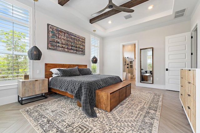 20049 SE Bridgewater Dr, Jupiter, FL 33458 - bedroom featuring a tray ceiling, connected bathroom, a ceiling fan, and recessed lighting