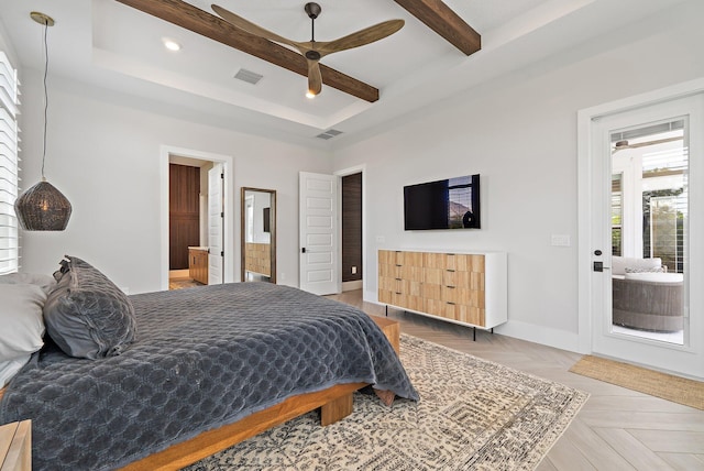 20049 SE Bridgewater Dr, Jupiter, FL 33458 - bedroom with baseboards, beam ceiling, connected bathroom, recessed lighting, and a tray ceiling