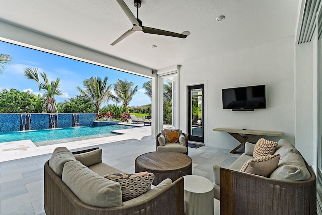 20049 SE Bridgewater Dr, Jupiter, FL 33458 - view of patio / terrace with ceiling fan, an outdoor hangout area, and an outdoor pool