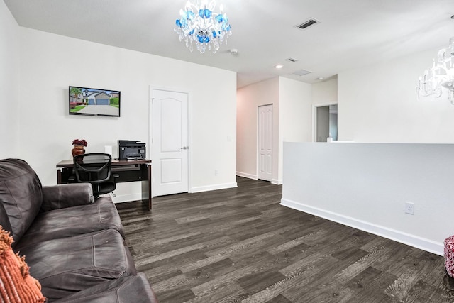 living area featuring a chandelier, dark wood-type flooring, baseboards, an office area, and recessed lighting