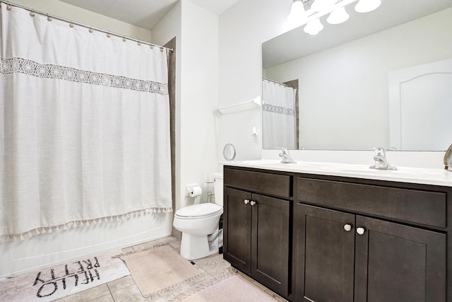 bathroom with toilet, tile patterned floors, double vanity, and shower / bathtub combination with curtain