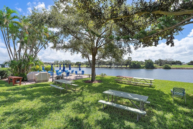 view of community with a water view and a yard