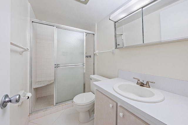 full bathroom featuring toilet, a stall shower, tile patterned floors, and vanity