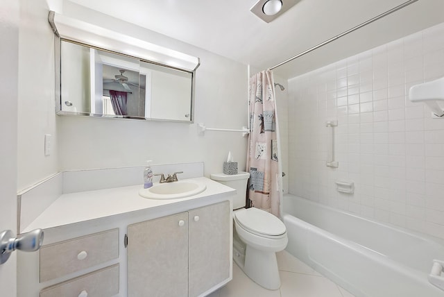 full bath with shower / tub combo, toilet, vanity, and tile patterned floors