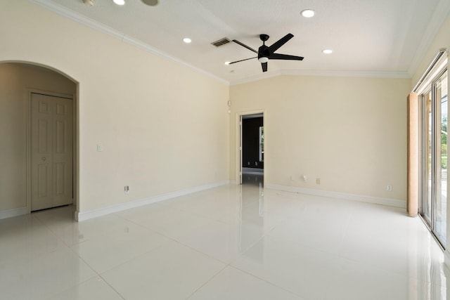 632 SW Mccall Rd, Port Saint Lucie, FL 34953 - empty room featuring arched walkways, ceiling fan, ornamental molding, light tile patterned floors, and recessed lighting