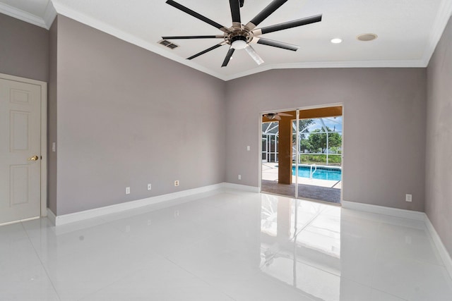632 SW Mccall Rd, Port Saint Lucie, FL 34953 - unfurnished room with ornamental molding, a ceiling fan, light tile patterned floors, baseboards, and lofted ceiling