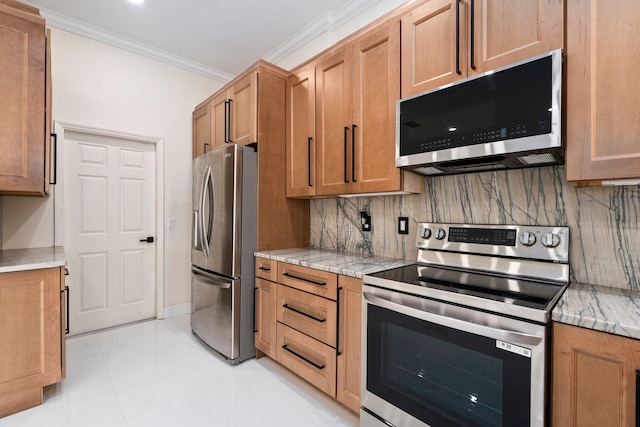 632 SW Mccall Rd, Port Saint Lucie, FL 34953 - kitchen featuring appliances with stainless steel finishes, crown molding, decorative backsplash, light stone counters, and brown cabinets