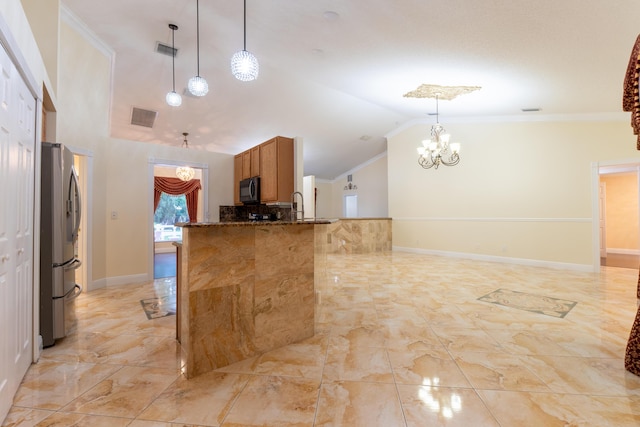 2853 SE Melaleuca Blvd, Port Saint Lucie, FL 34952 - kitchen featuring black microwave, a chandelier, stainless steel fridge with ice dispenser, brown cabinets, and dark stone counters