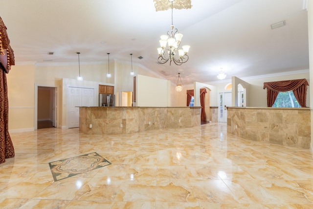 2853 SE Melaleuca Blvd, Port Saint Lucie, FL 34952 - unfurnished living room with arched walkways, light marble finish floors, a chandelier, lofted ceiling, and crown molding