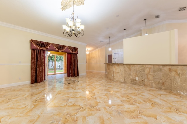 2853 SE Melaleuca Blvd, Port Saint Lucie, FL 34952 - empty room featuring marble tiled flooring, ornamental molding, a chandelier, and vaulted ceiling