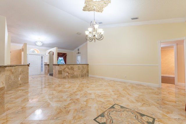 2853 SE Melaleuca Blvd, Port Saint Lucie, FL 34952 - unfurnished room with ornamental molding, marble finish floors, a chandelier, arched walkways, and vaulted ceiling