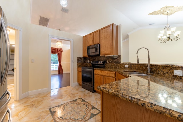 2853 SE Melaleuca Blvd, Port Saint Lucie, FL 34952 - kitchen featuring appliances with stainless steel finishes, lofted ceiling, brown cabinetry, decorative backsplash, and ornamental molding