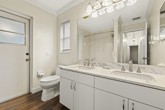 6342 120th Ave N, The Acreage, FL 33412 - bathroom with toilet, wood finished floors, crown molding, plenty of natural light, and a shower