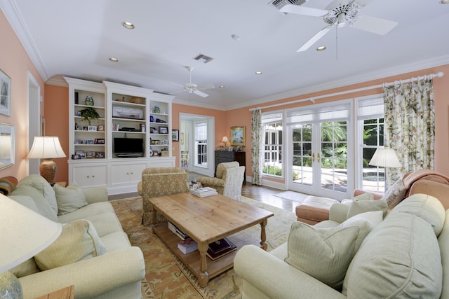 218 El Brillo Way, Palm Beach, FL 33480 - living area with a ceiling fan, crown molding, recessed lighting, and french doors