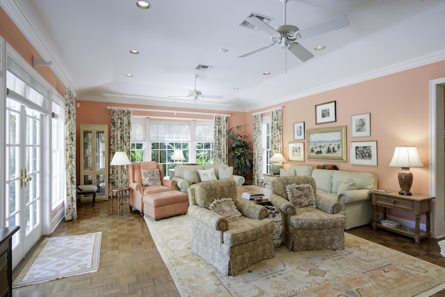 218 El Brillo Way, Palm Beach, FL 33480 - living area featuring ceiling fan, crown molding, and recessed lighting