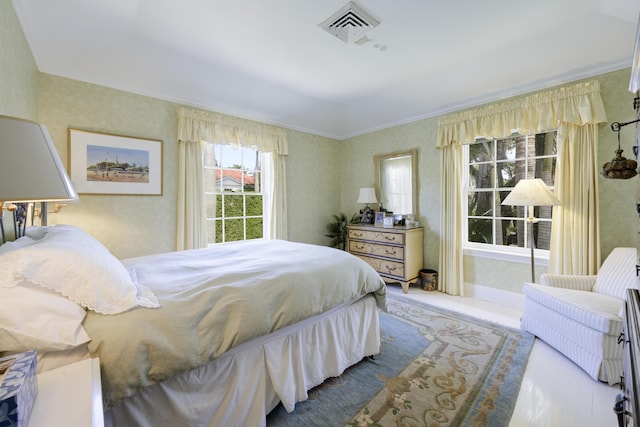 218 El Brillo Way, Palm Beach, FL 33480 - bedroom with wallpapered walls and ornamental molding