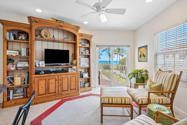5900 Old Ocean Blvd Unit C6, Ocean Ridge, FL 33435 - living room with recessed lighting, ceiling fan, light tile patterned flooring, and baseboards