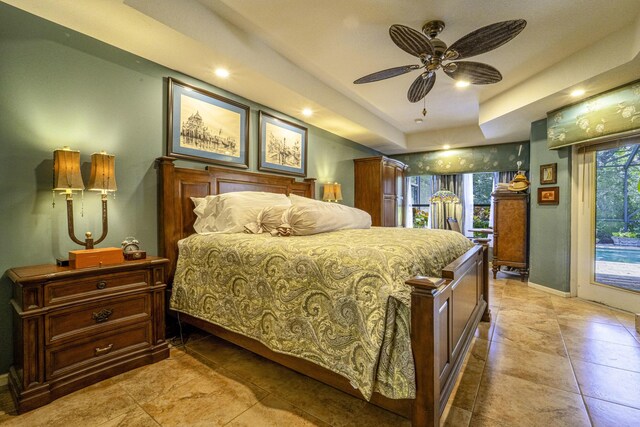 bedroom featuring access to exterior, a ceiling fan, recessed lighting, baseboards, and light tile patterned floors