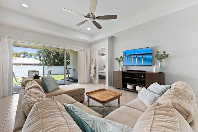 3552 SW Dellamano St, Port Saint Lucie, FL 34953 - living room featuring light tile patterned floors, a ceiling fan, and recessed lighting