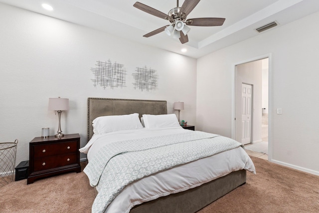 3552 SW Dellamano St, Port Saint Lucie, FL 34953 - bedroom with light colored carpet, recessed lighting, ensuite bathroom, baseboards, and ceiling fan