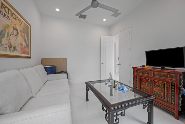 12582 Copper Mountain Pass, Boynton Beach, FL 33473 - living area featuring a ceiling fan, recessed lighting, and light tile patterned flooring