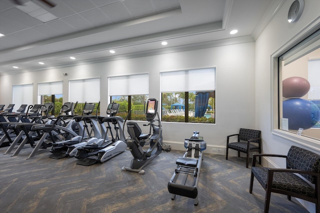 12582 Copper Mountain Pass, Boynton Beach, FL 33473 - gym with carpet floors, crown molding, recessed lighting, and baseboards
