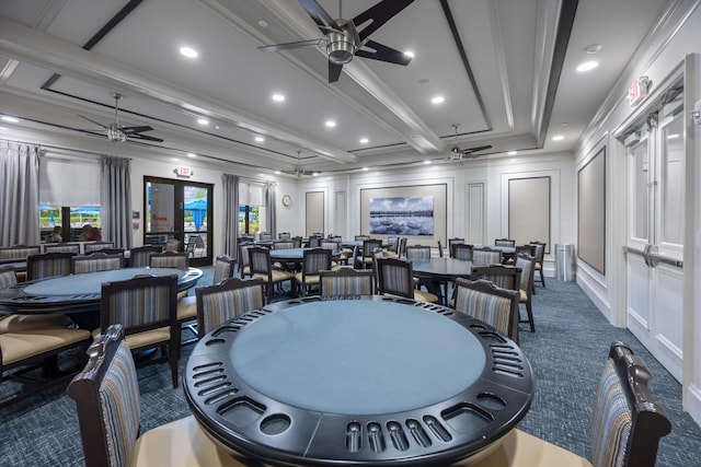 12582 Copper Mountain Pass, Boynton Beach, FL 33473 - dining room featuring a ceiling fan, a decorative wall, carpet floors, recessed lighting, and beam ceiling