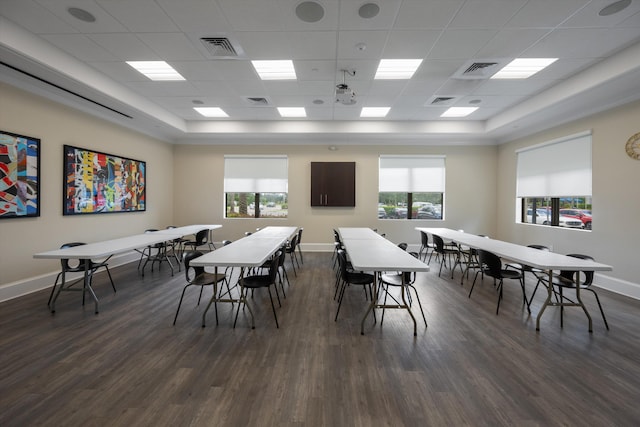 12582 Copper Mountain Pass, Boynton Beach, FL 33473 - dining space with dark wood-style flooring, a drop ceiling, baseboards, and a tray ceiling