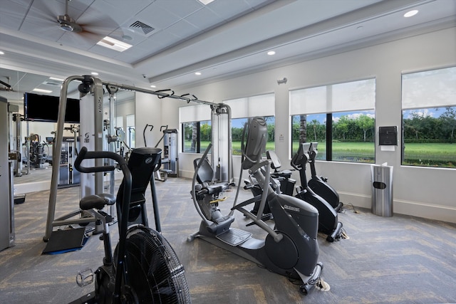 12582 Copper Mountain Pass, Boynton Beach, FL 33473 - gym with carpet, baseboards, recessed lighting, and ceiling fan
