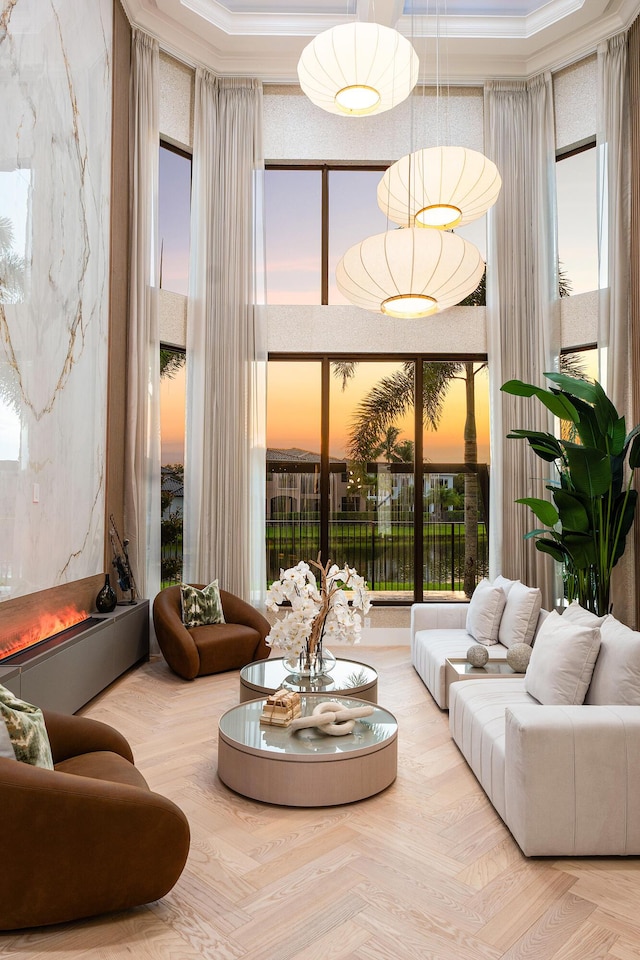 17709 Circle Pond Ct, Boca Raton, FL 33496 - living area with coffered ceiling, ornamental molding, and beamed ceiling