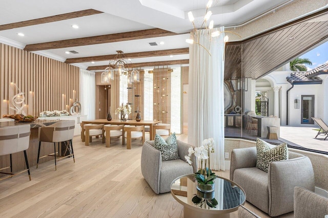 17709 Circle Pond Ct, Boca Raton, FL 33496 - living room featuring a chandelier, light wood finished floors, beamed ceiling, ornate columns, and recessed lighting