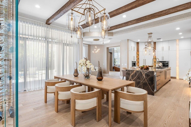 17709 Circle Pond Ct, Boca Raton, FL 33496 - dining space featuring a chandelier, beamed ceiling, light wood-style flooring, and recessed lighting