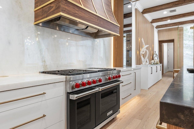17709 Circle Pond Ct, Boca Raton, FL 33496 - kitchen featuring double oven range, premium range hood, white cabinetry, light wood-style floors, and modern cabinets