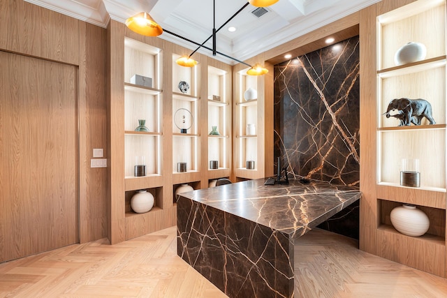 17709 Circle Pond Ct, Boca Raton, FL 33496 - wine area featuring crown molding, recessed lighting, wooden walls, and built in features