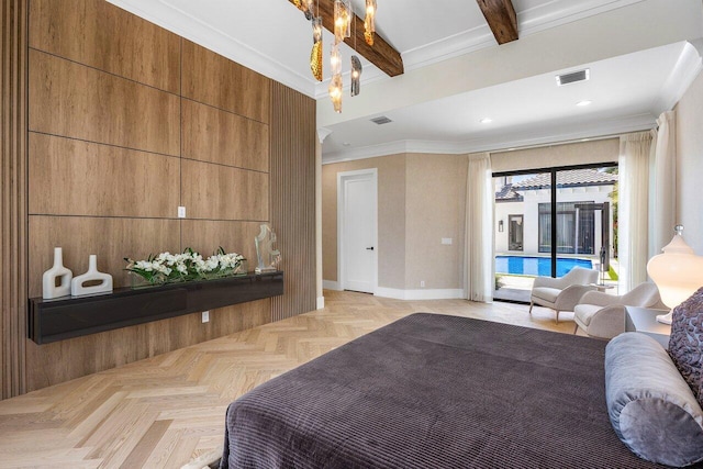 17709 Circle Pond Ct, Boca Raton, FL 33496 - bedroom featuring access to exterior, beamed ceiling, baseboards, ornamental molding, and recessed lighting