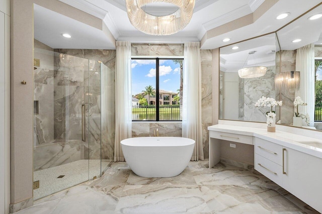 17709 Circle Pond Ct, Boca Raton, FL 33496 - full bath with ornamental molding, marble tiled floors, a marble finish shower, a freestanding bath, and vanity