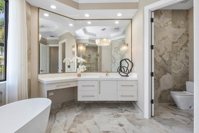17709 Circle Pond Ct, Boca Raton, FL 33496 - bathroom featuring ornamental molding, a soaking tub, recessed lighting, vanity, and marble tiled flooring