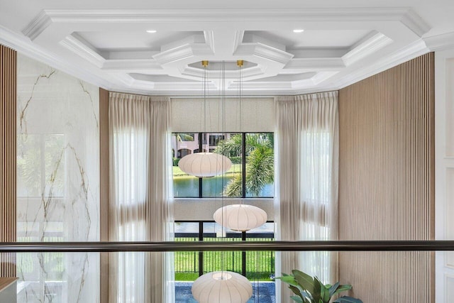 17709 Circle Pond Ct, Boca Raton, FL 33496 - detailed view of coffered ceiling, crown molding, and beamed ceiling