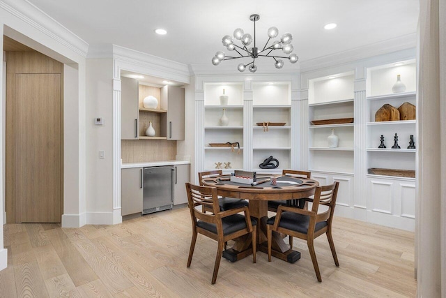17709 Circle Pond Ct, Boca Raton, FL 33496 - dining space featuring light wood finished floors, ornamental molding, a chandelier, recessed lighting, and a dry bar