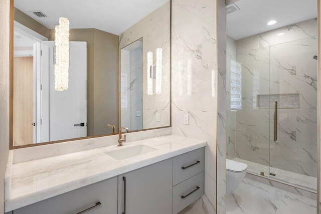 17709 Circle Pond Ct, Boca Raton, FL 33496 - bathroom with marble finish floors, a marble finish shower, toilet, vanity, and recessed lighting