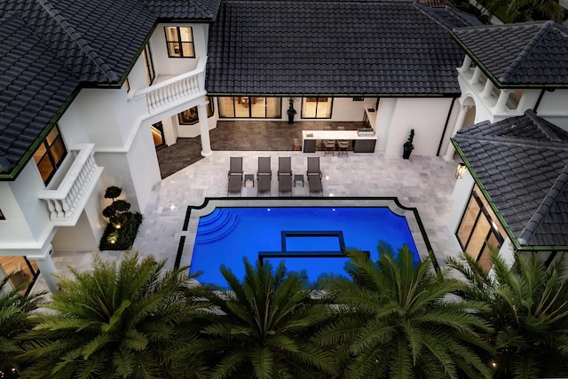 17709 Circle Pond Ct, Boca Raton, FL 33496 - dining area featuring a decorative wall, a chandelier, light colored carpet, beam ceiling, and a raised ceiling