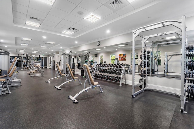 17709 Circle Pond Ct, Boca Raton, FL 33496 - gym featuring a tray ceiling, baseboards, and a drop ceiling
