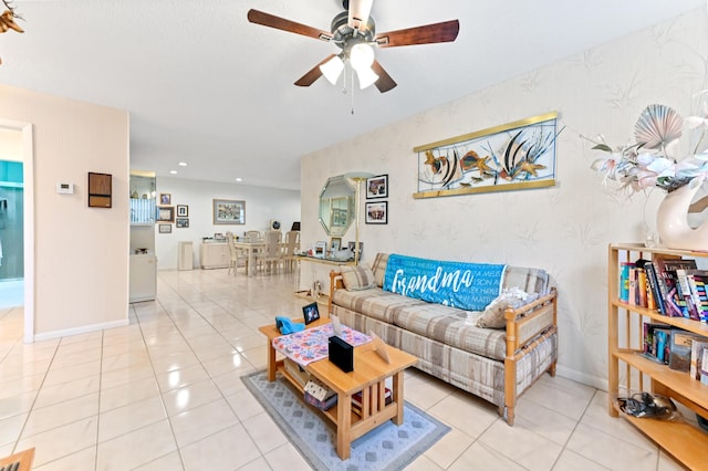 109 Lake Rebecca Dr Unit 109, West Palm Beach, FL 33411 - tiled living room featuring a ceiling fan, wallpapered walls, and recessed lighting