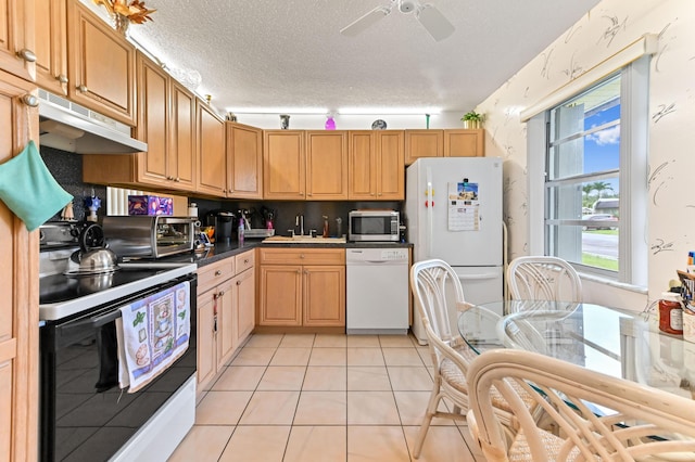 109 Lake Rebecca Dr Unit 109, West Palm Beach, FL 33411 - kitchen featuring white appliances, under cabinet range hood, light tile patterned floors, a ceiling fan, and a textured ceiling